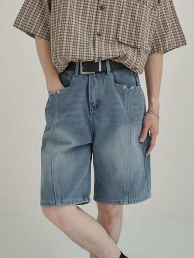 Zhou Washed Stitched Detail Denim Shorts-korean-fashion-Shorts-Zhou's Closet-OH Garments