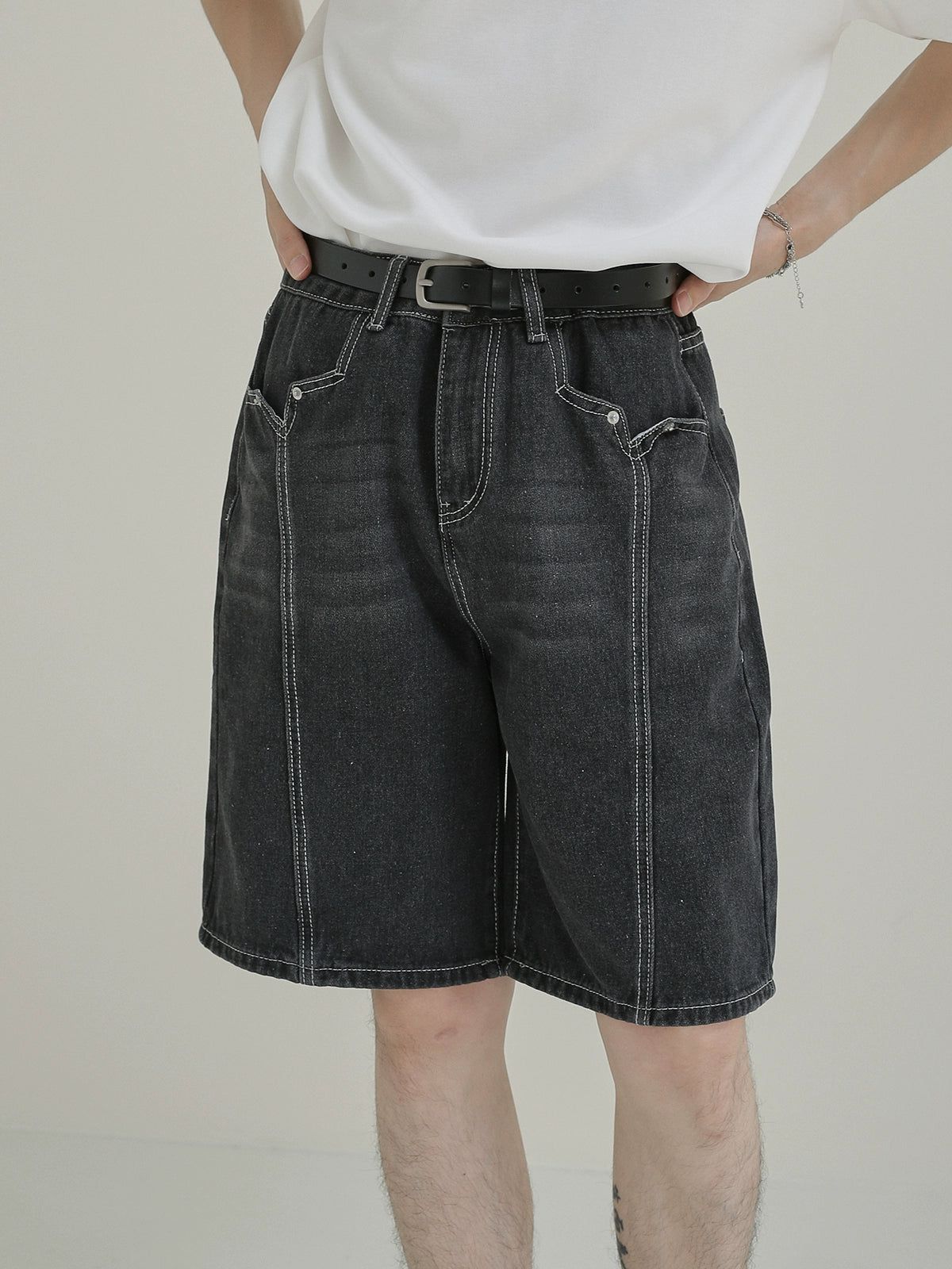 Zhou Washed Stitched Detail Denim Shorts-korean-fashion-Shorts-Zhou's Closet-OH Garments