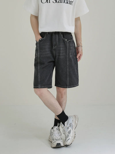 Zhou Washed Stitched Detail Denim Shorts-korean-fashion-Shorts-Zhou's Closet-OH Garments