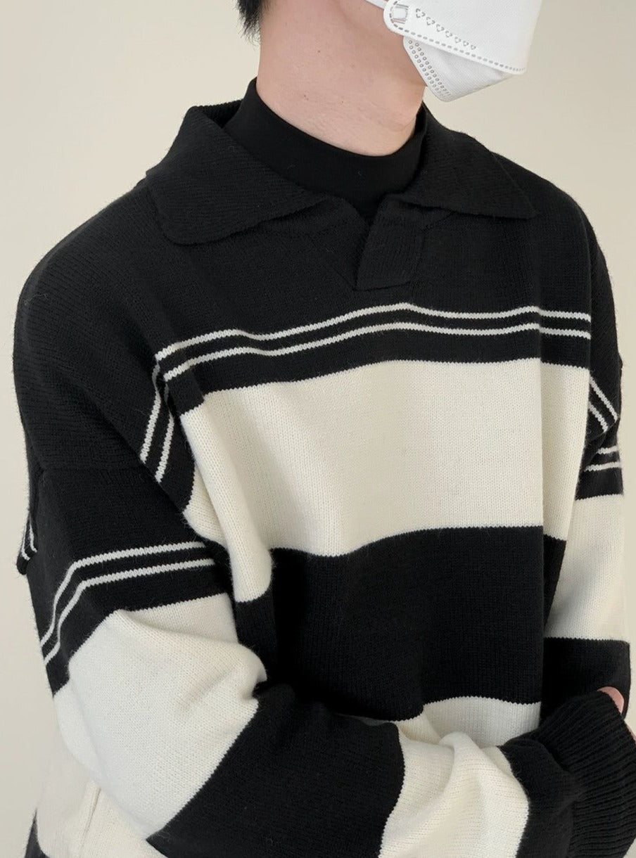 Zhou Wide Stripes Collared Sweater-korean-fashion-Sweater-Zhou's Closet-OH Garments