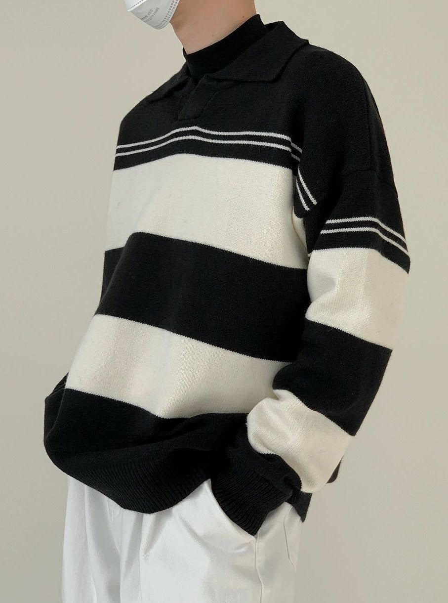 Zhou Wide Stripes Collared Sweater-korean-fashion-Sweater-Zhou's Closet-OH Garments