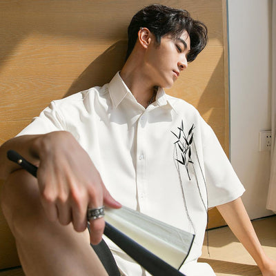Chuan Bamboo Leaves Thread Buttoned Shirt-korean-fashion-Shirt-Chuan's Closet-OH Garments