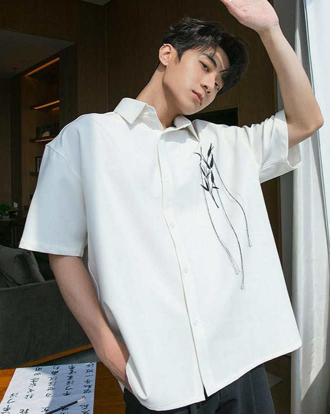 Chuan Bamboo Leaves Thread Buttoned Shirt-korean-fashion-Shirt-Chuan's Closet-OH Garments