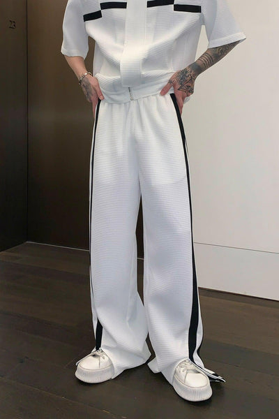 Cui Contrast Bars Textured Shirt & Tiny Slit Pants Set-korean-fashion-Clothing Set-Cui's Closet-OH Garments