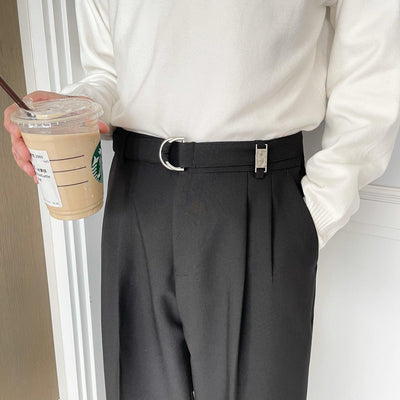 Cui D-Buckle Cloth Belt Trousers-korean-fashion-Pants-Cui's Closet-OH Garments