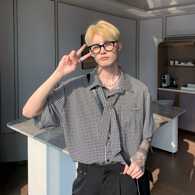 Cui Houndstooth Ribbon Tie Shirt-korean-fashion-Shirt-Cui's Closet-OH Garments