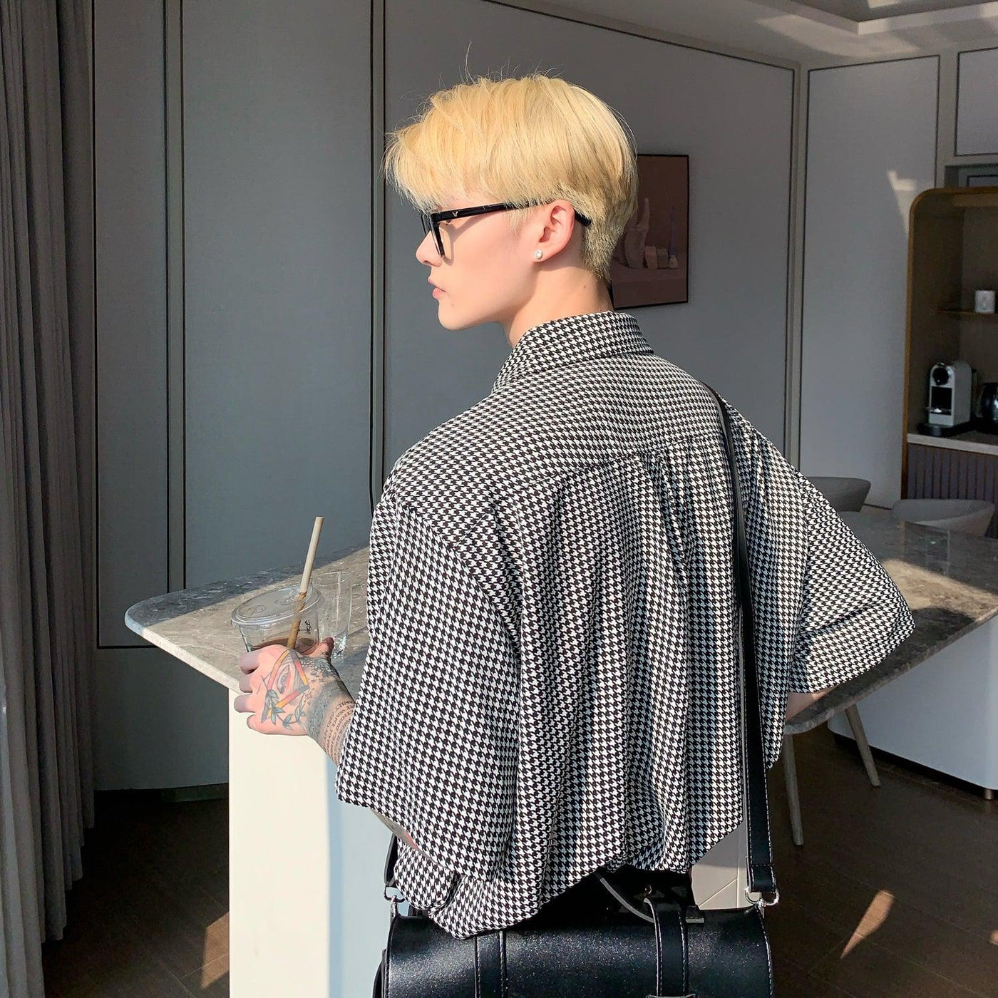 Cui Houndstooth Ribbon Tie Shirt-korean-fashion-Shirt-Cui's Closet-OH Garments