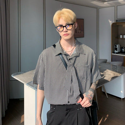 Cui Houndstooth Ribbon Tie Shirt-korean-fashion-Shirt-Cui's Closet-OH Garments