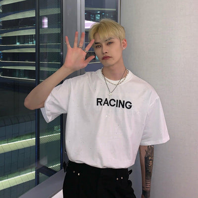 Cui Racing Text Tiny Sequins T-Shirt-korean-fashion-T-Shirt-Cui's Closet-OH Garments