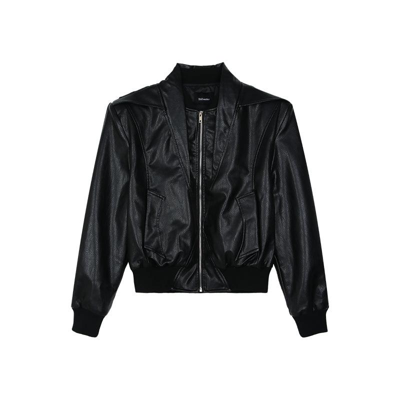 Cui Ribbed Cuff Faux Leather Jacket-korean-fashion-Jacket-Cui's Closet-OH Garments