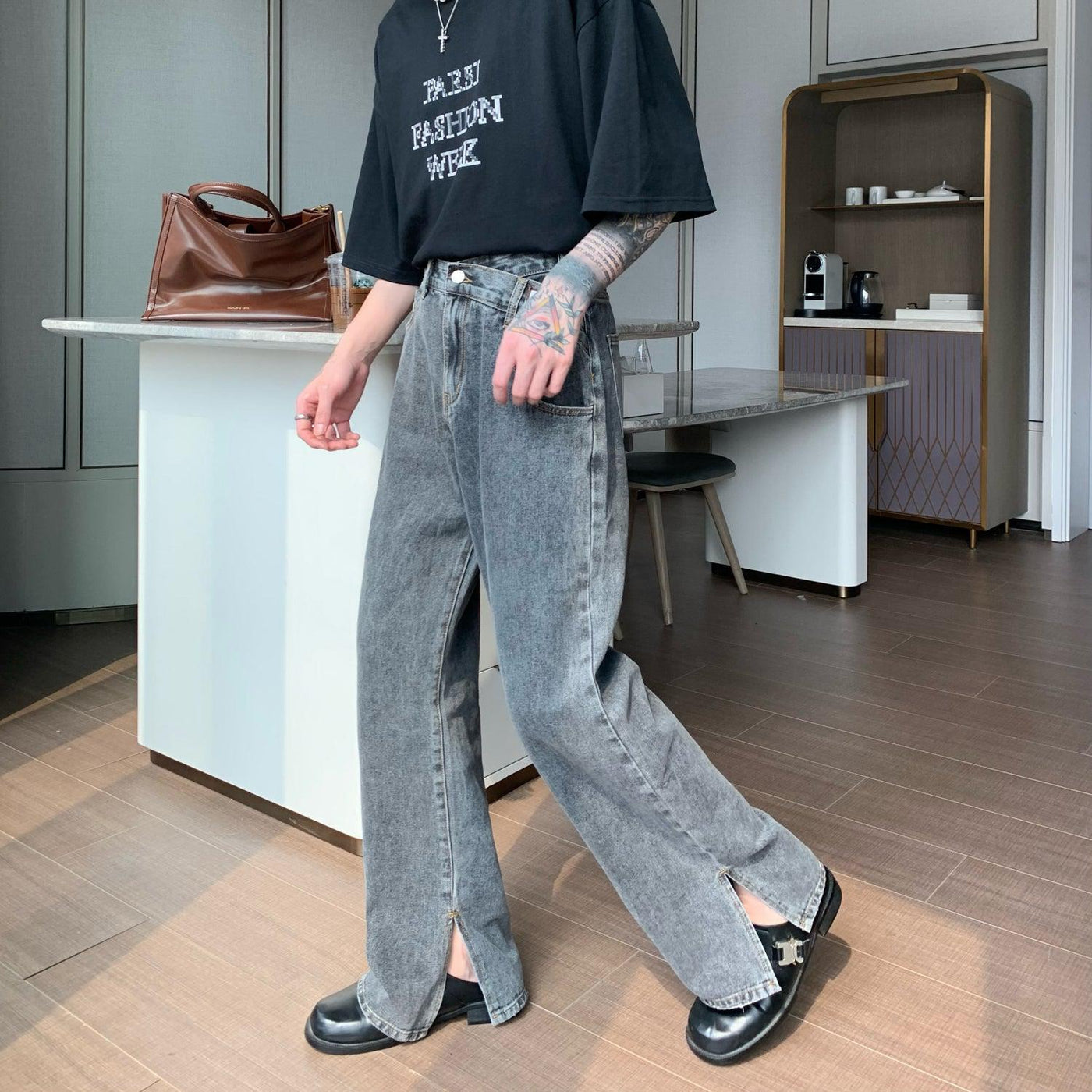 Cui Small Slit and Slant Belt Jeans-korean-fashion-Jeans-Cui's Closet-OH Garments