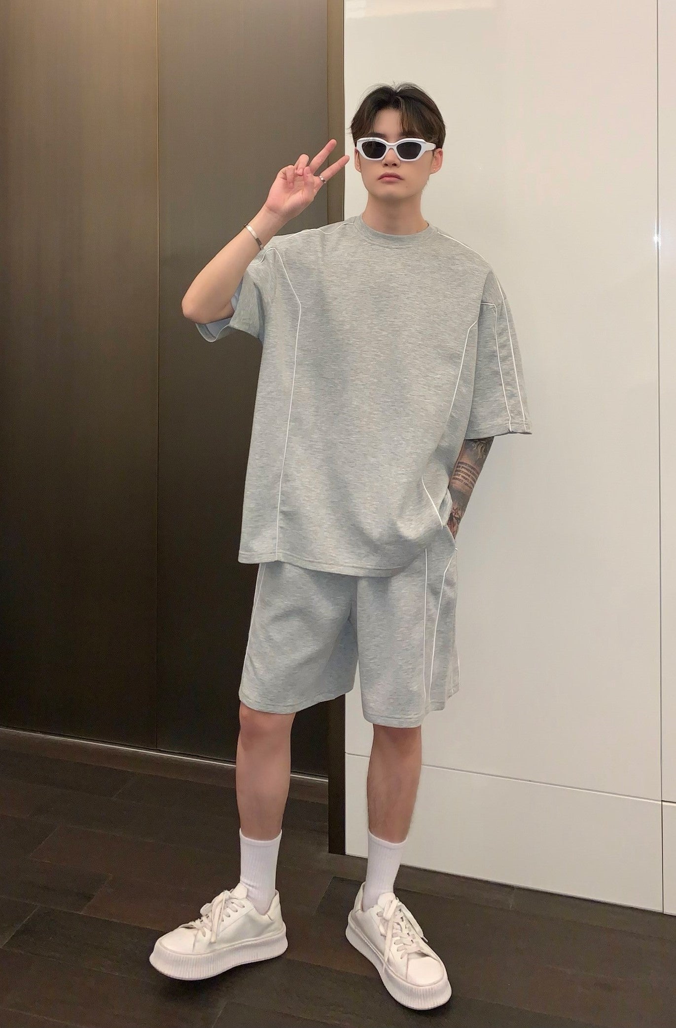 Cui Subtle Stitched Lines Comfty Shirt & Shorts Set-korean-fashion-Clothing Set-Cui's Closet-OH Garments