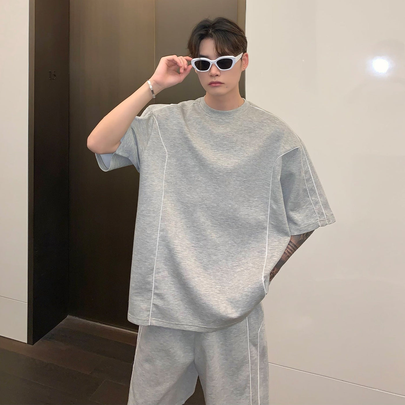 Cui Subtle Stitched Lines Comfty Shirt & Shorts Set-korean-fashion-Clothing Set-Cui's Closet-OH Garments
