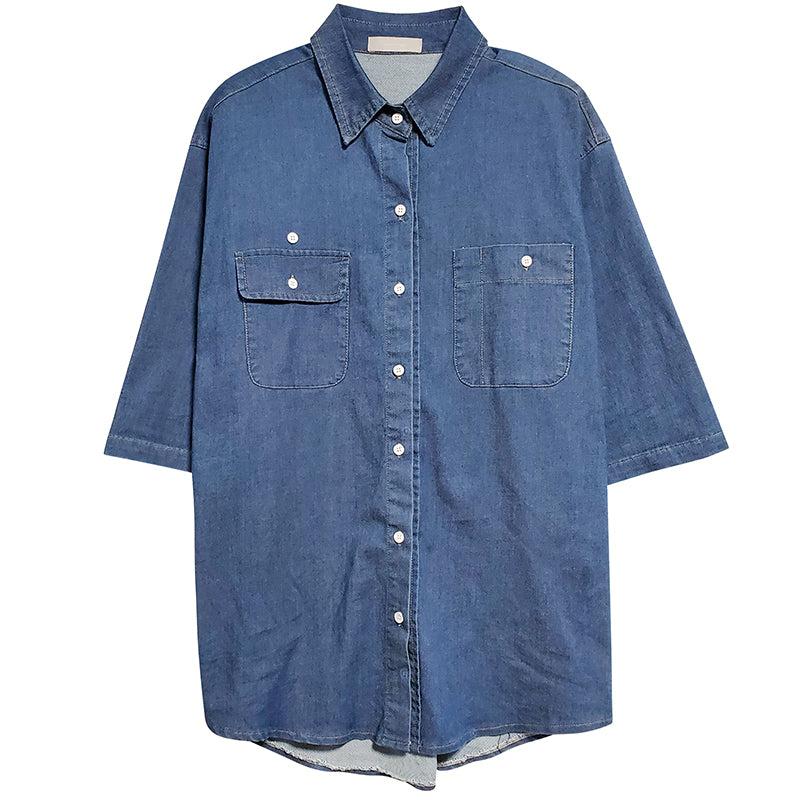 Hua Breast Pocket Denim Loose Shirt-korean-fashion-Shirt-Hua's Closet-OH Garments