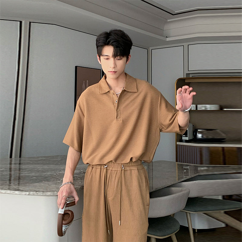 Hua Roomy Fit Four Buttons Polo and Drawstring Short Set-korean-fashion-Clothing Set-Hua's Closet-OH Garments