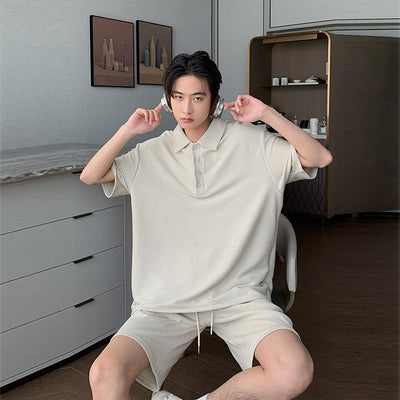 Hua Roomy Fit Four Buttons Polo and Drawstring Short Set-korean-fashion-Clothing Set-Hua's Closet-OH Garments