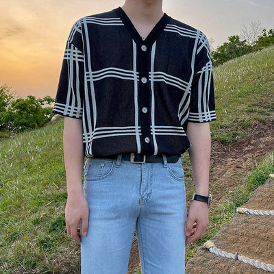 OH Short Sleeve Nova Check Cardigan-korean-fashion-Cardigan-OH Atelier-OH Garments