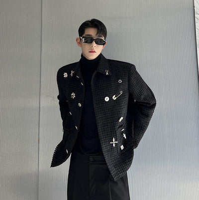 Woo Assorted Metal Pins Textured Blazer-korean-fashion-Blazer-Woo's Closet-OH Garments