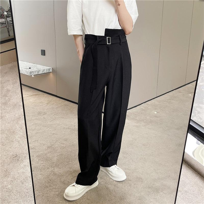 Woo Irregular Cloth Belt Pleated Pants-korean-fashion-Pants-Woo's Closet-OH Garments