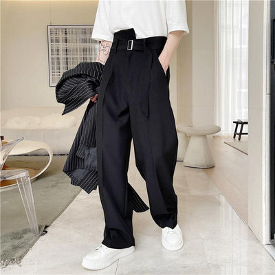 Woo Irregular Cloth Belt Pleated Pants-korean-fashion-Pants-Woo's Closet-OH Garments