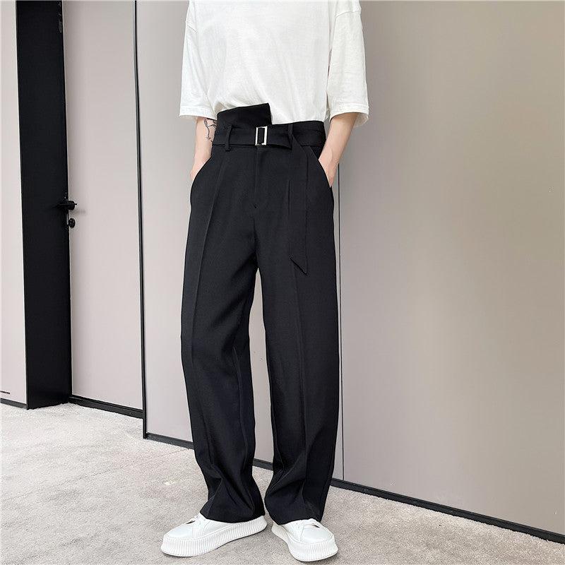 Woo Irregular Cloth Belt Pleated Pants-korean-fashion-Pants-Woo's Closet-OH Garments