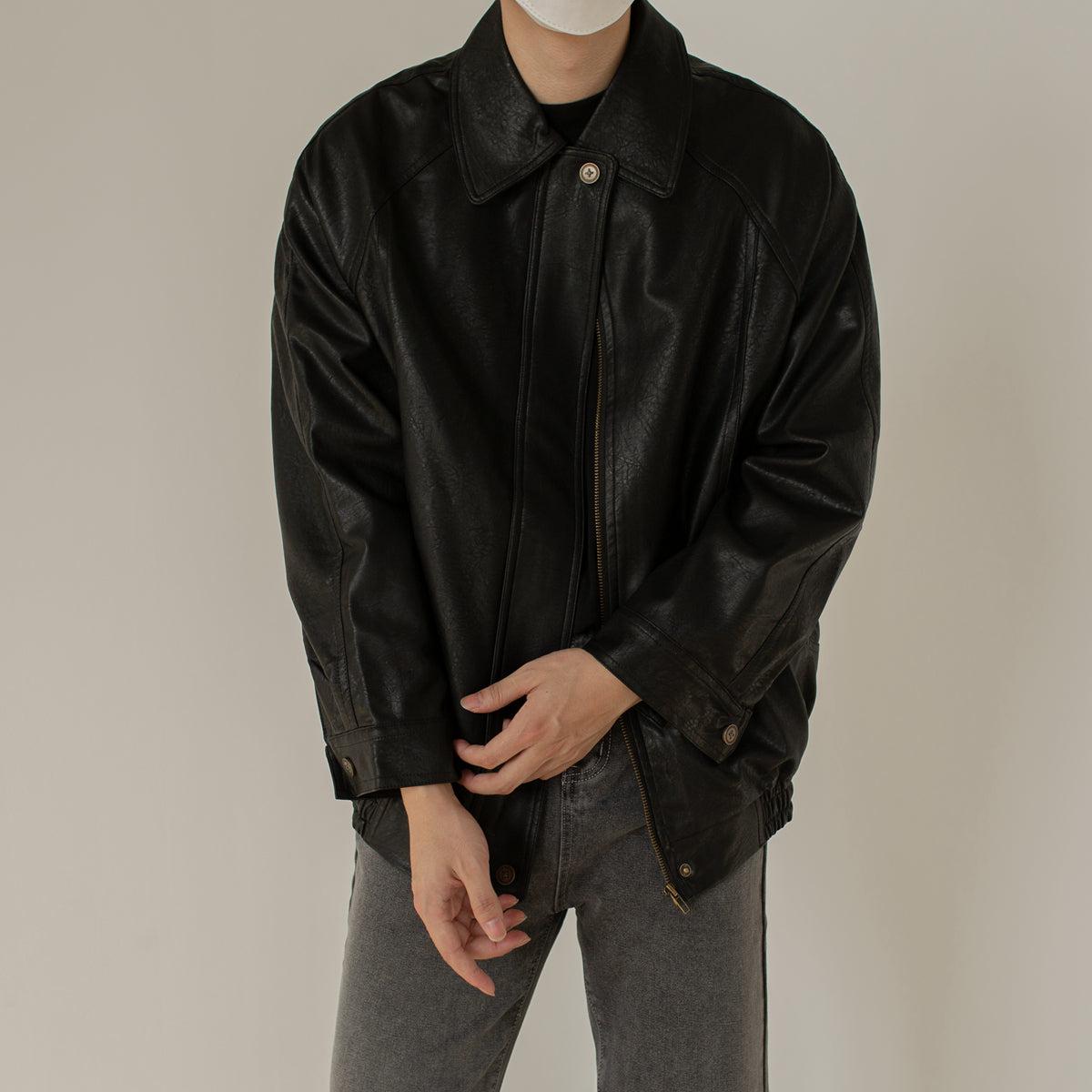 Zhou Asymmetrical Snap PU Leather Jacket-korean-fashion-Jacket-Zhou's Closet-OH Garments
