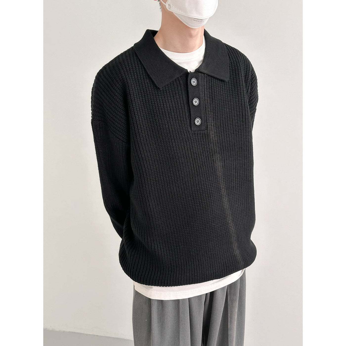 Zhou Buttoned Long Sleeve Knitted Polo-korean-fashion-Polo-Zhou's Closet-OH Garments