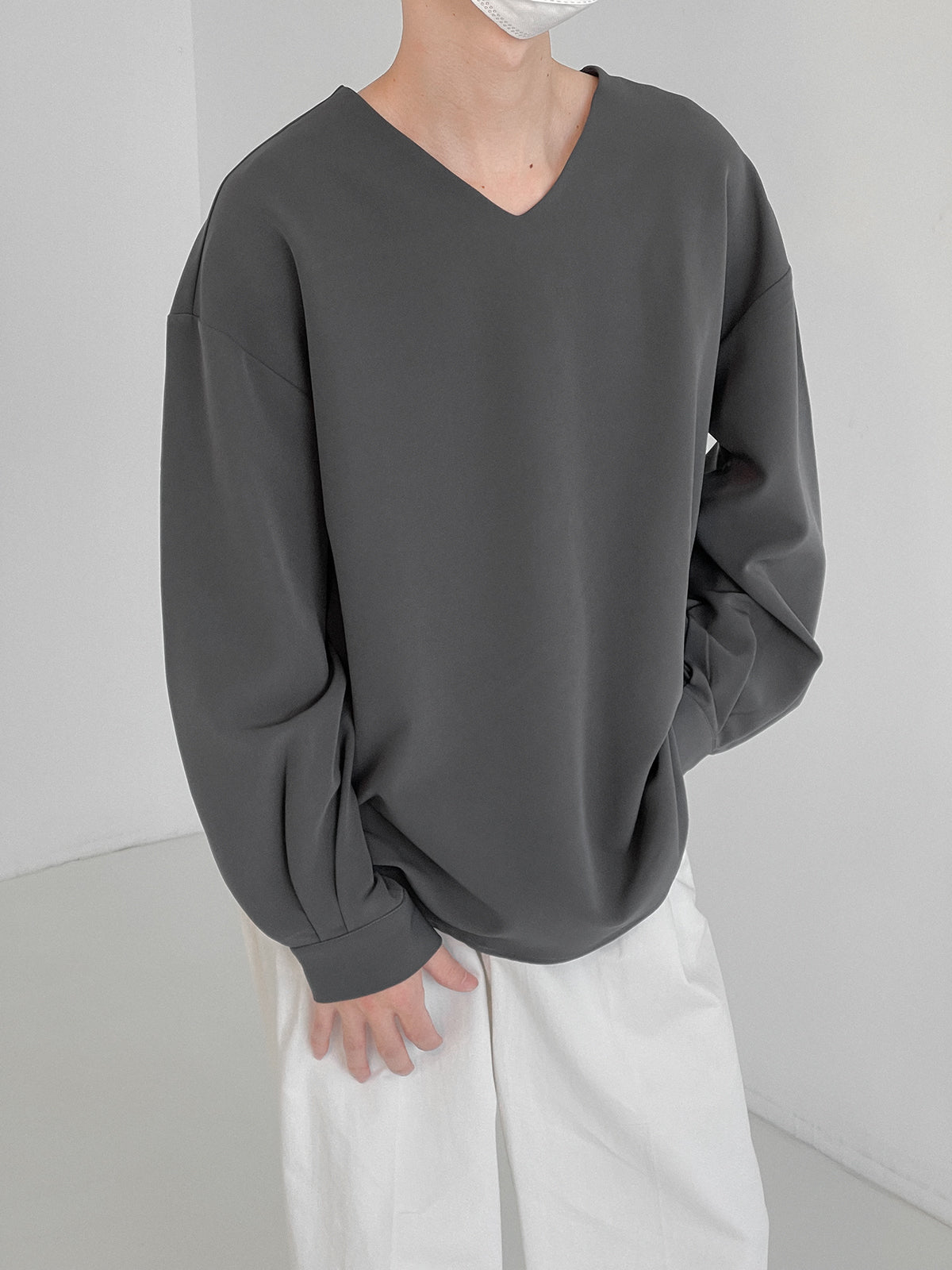 Zhou Essential Cuffed V-Neck Long Sleeve T-Shirt-korean-fashion-T-Shirt-Zhou's Closet-OH Garments