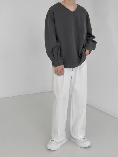 Zhou Essential Cuffed V-Neck Long Sleeve T-Shirt-korean-fashion-T-Shirt-Zhou's Closet-OH Garments