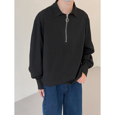 Zhou Essential Half-Zip Collared Long Sleeve T-Shirt-korean-fashion-T-Shirt-Zhou's Closet-OH Garments