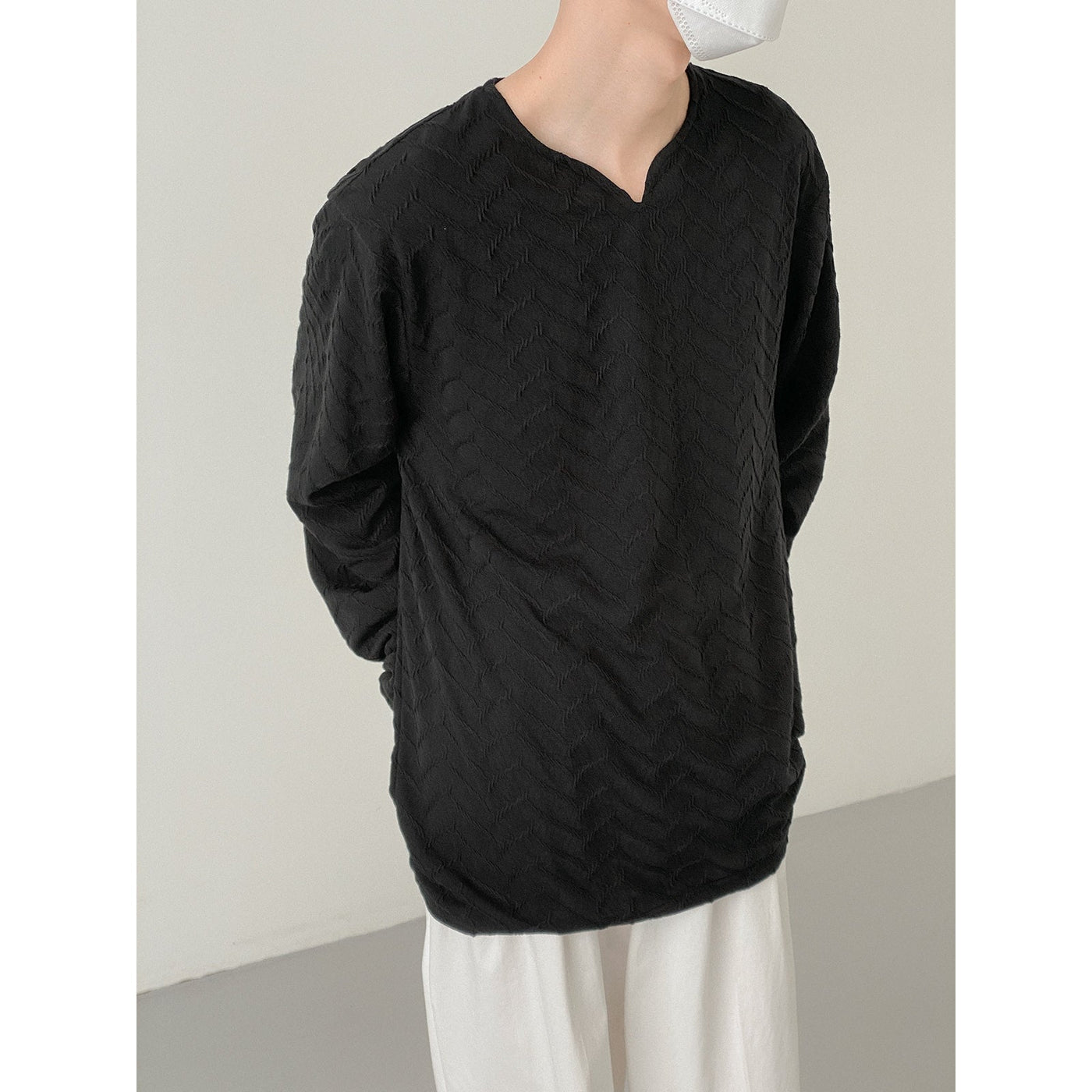 Zhou Overlapping Chevron Detail Long Sleeve T-Shirt-korean-fashion-T-Shirt-Zhou's Closet-OH Garments