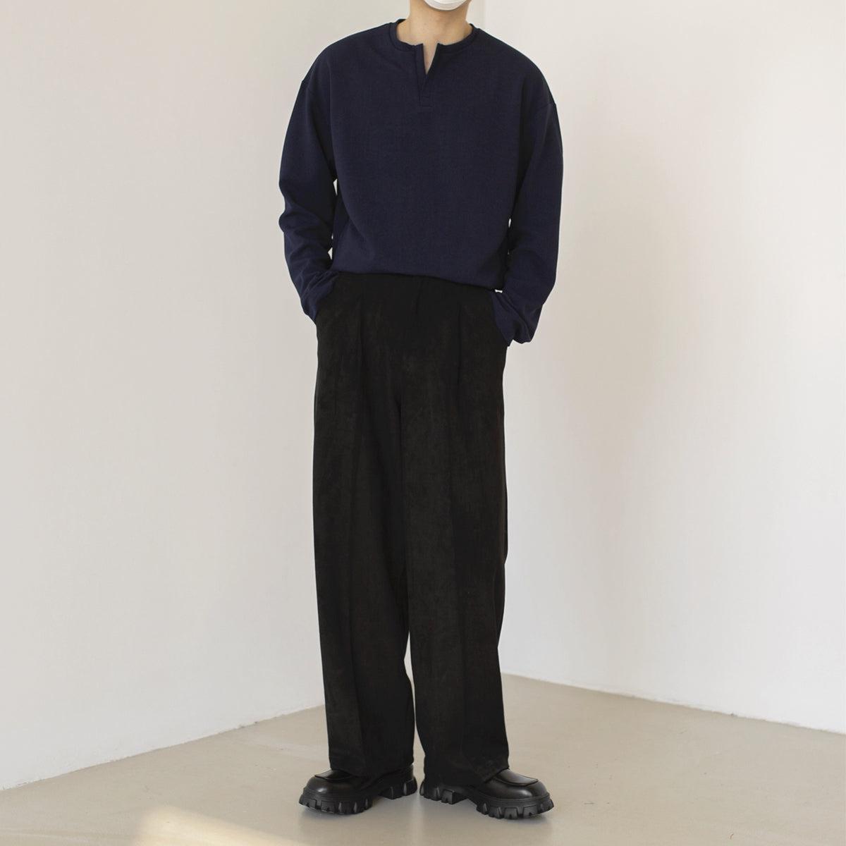 Zhou Solid Notch Neck Long Sleeve T-Shirt-korean-fashion-T-Shirt-Zhou's Closet-OH Garments