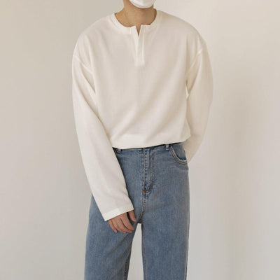 Zhou Solid Notch Neck Long Sleeve T-Shirt-korean-fashion-T-Shirt-Zhou's Closet-OH Garments