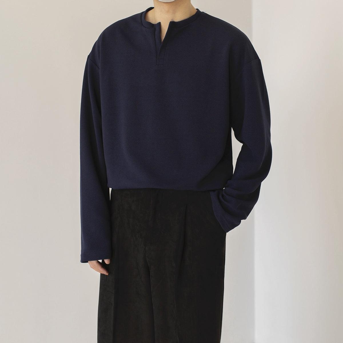 Zhou Solid Notch Neck Long Sleeve T-Shirt-korean-fashion-T-Shirt-Zhou's Closet-OH Garments