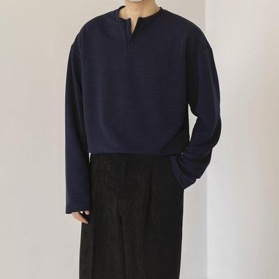 Zhou Solid Notch Neck Long Sleeve T-Shirt-korean-fashion-T-Shirt-Zhou's Closet-OH Garments