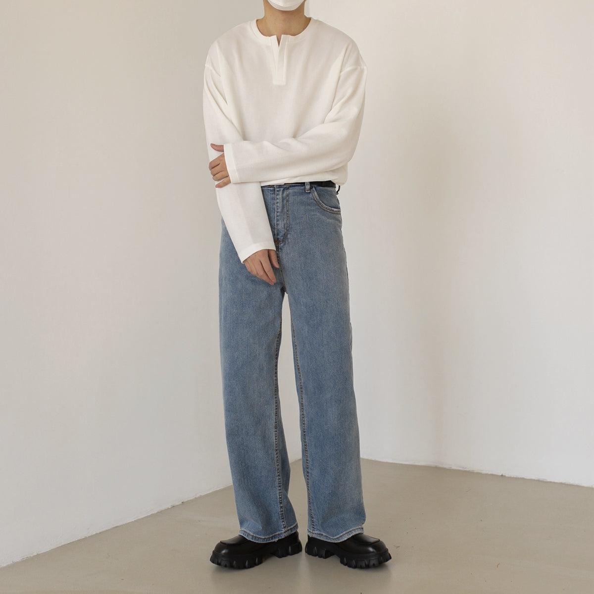 Zhou Solid Notch Neck Long Sleeve T-Shirt-korean-fashion-T-Shirt-Zhou's Closet-OH Garments