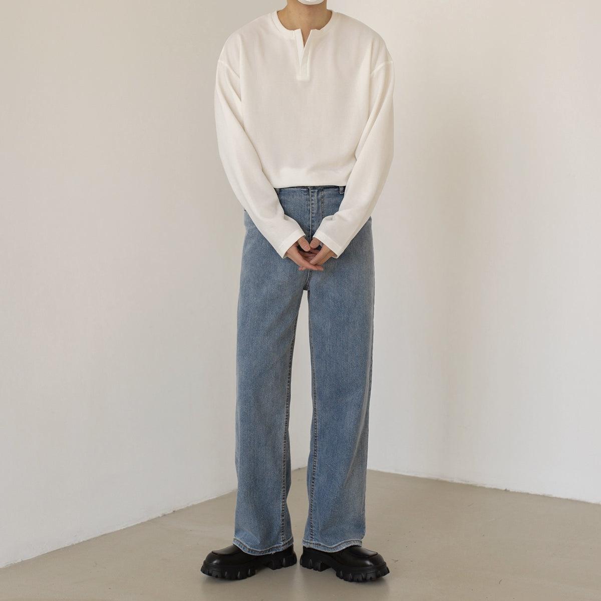 Zhou Solid Notch Neck Long Sleeve T-Shirt-korean-fashion-T-Shirt-Zhou's Closet-OH Garments