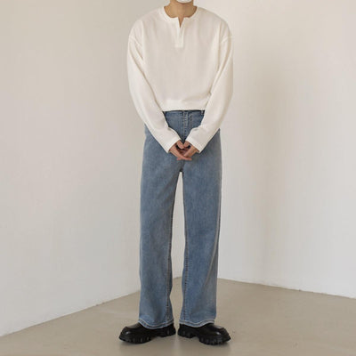 Zhou Solid Notch Neck Long Sleeve T-Shirt-korean-fashion-T-Shirt-Zhou's Closet-OH Garments