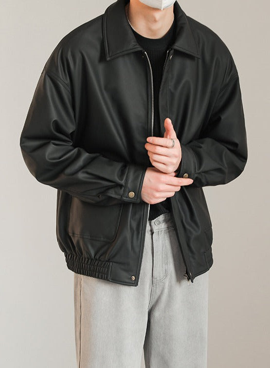 Zhou Vintage Ruched Hem Faux Leather Jacket-korean-fashion-Jacket-Zhou's Closet-OH Garments