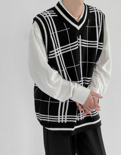 Zhou Wide Plaid Print Knit Vest-korean-fashion-Vest-Zhou's Closet-OH Garments
