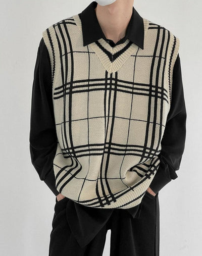 Zhou Wide Plaid Print Knit Vest-korean-fashion-Vest-Zhou's Closet-OH Garments
